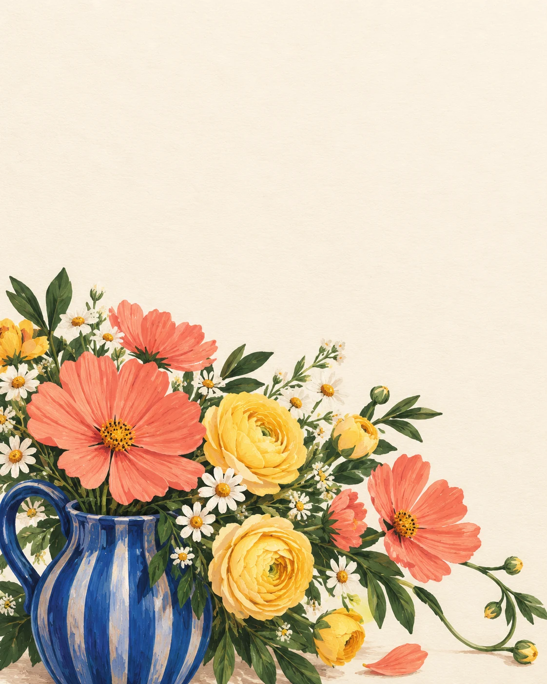 Painted coral and yellow flowers in a blue pitcher