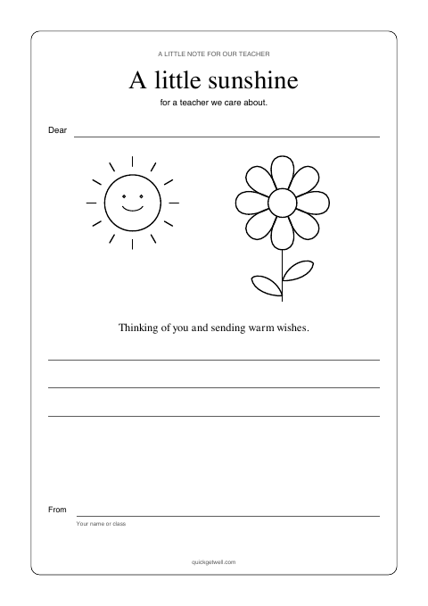 Teacher card with a sunshine and flower outline to color