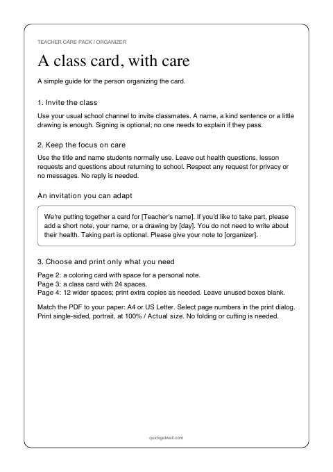 Organizer guide with steps and an invitation to join the class card